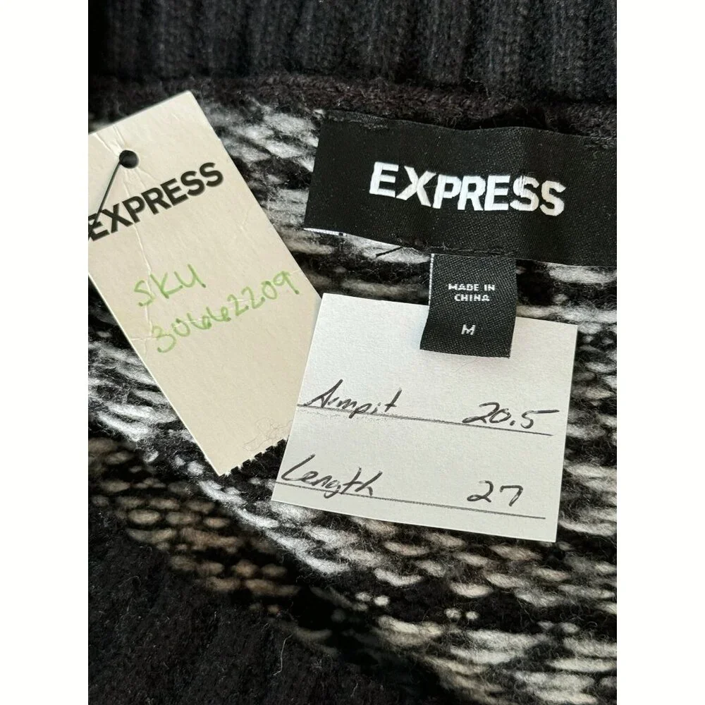 Express Mens Black White Neck Nordic Fair Isle Knit Sweater Medium Crew Winter